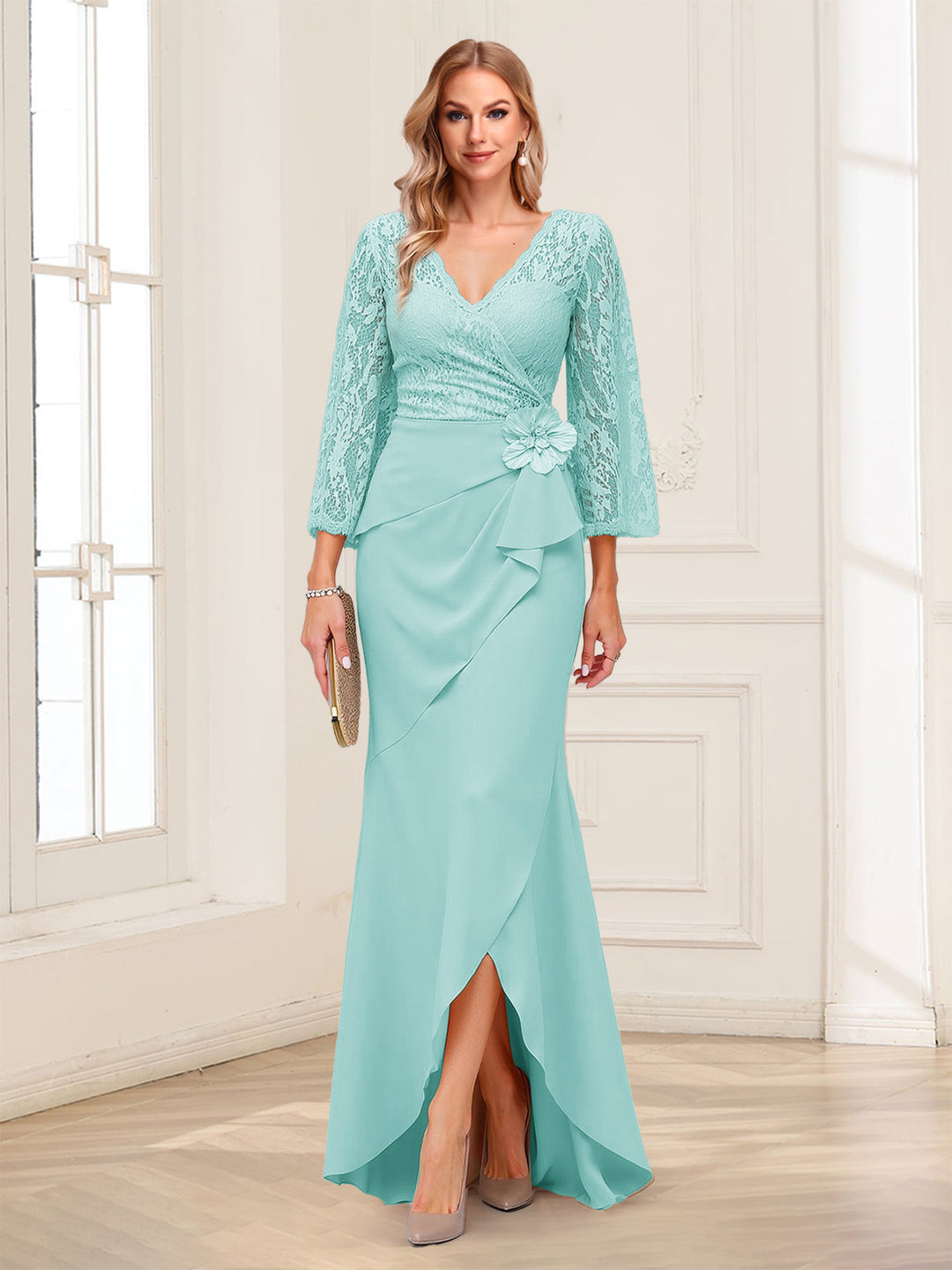 Sheath/Column V-Neck 3/4 Sleeves Mother of the Bride Dresses With Lace &amp; 3D Floral