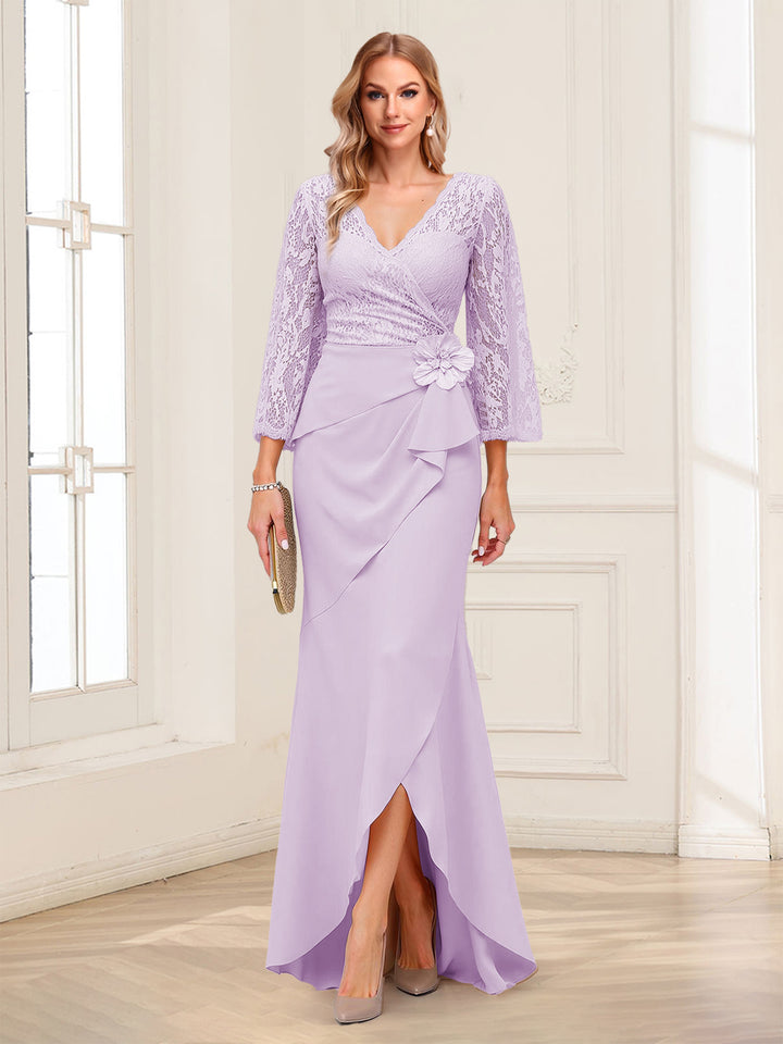 Sheath/Column V-Neck 3/4 Sleeves Mother of the Bride Dresses With Lace &amp; 3D Floral