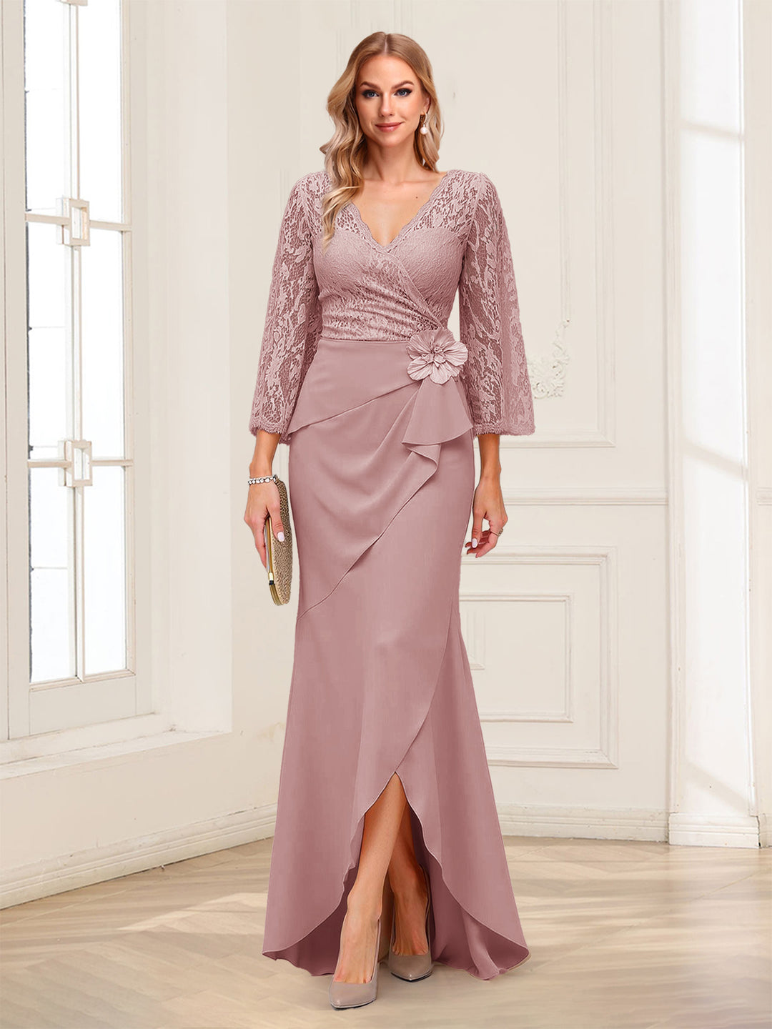 Sheath/Column V-Neck 3/4 Sleeves Mother of the Bride Dresses With Lace &amp; 3D Floral