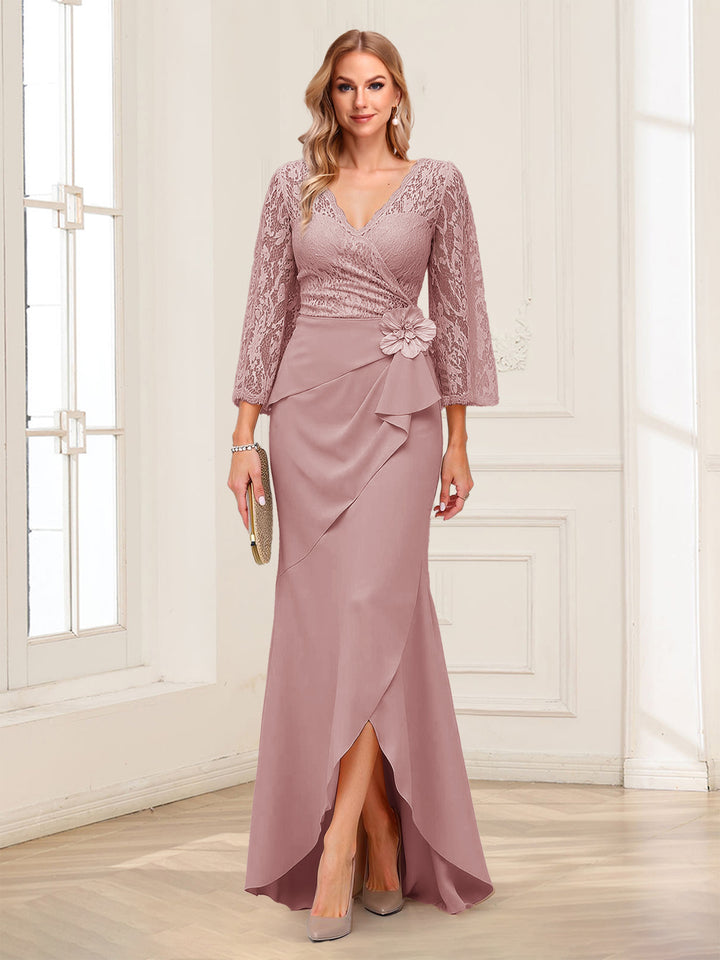 Sheath/Column V-Neck 3/4 Sleeves Mother of the Bride Dresses With Lace &amp; 3D Floral