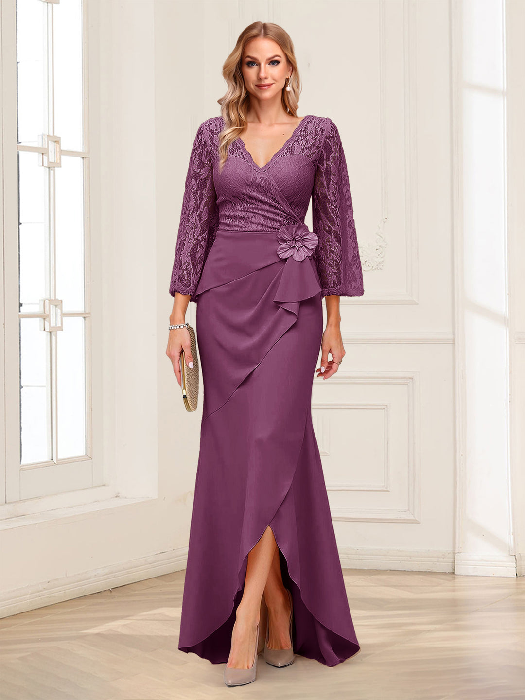 Sheath/Column V-Neck 3/4 Sleeves Mother of the Bride Dresses With Lace &amp; 3D Floral