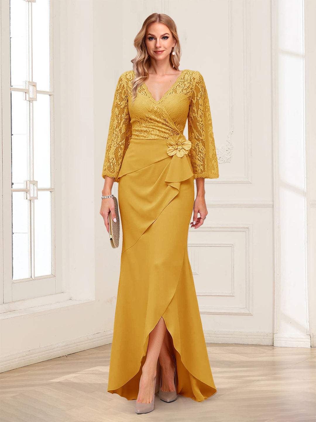 Sheath/Column V-Neck 3/4 Sleeves Mother of the Bride Dresses With Lace &amp; 3D Floral