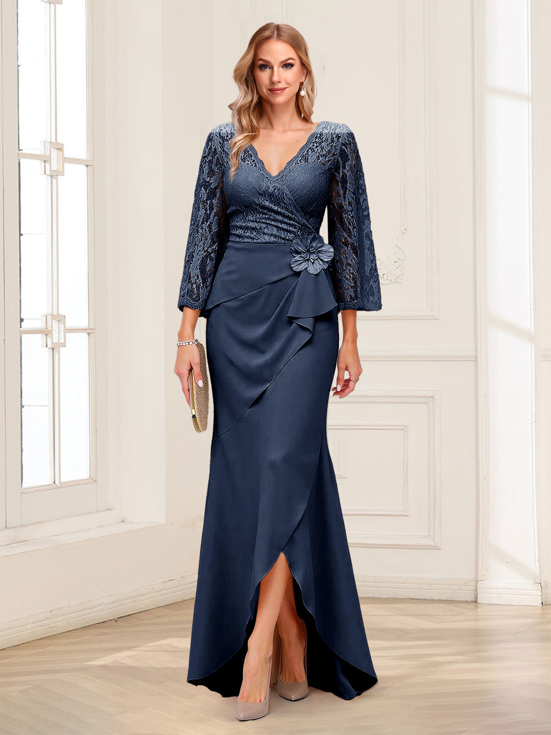 Sheath/Column V-Neck 3/4 Sleeves Mother of the Bride Dresses With Lace &amp; 3D Floral
