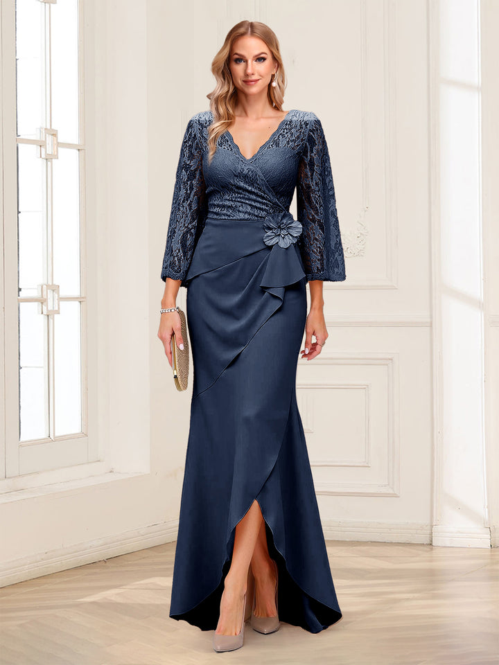 Sheath/Column V-Neck 3/4 Sleeves Mother of the Bride Dresses With Lace &amp; 3D Floral