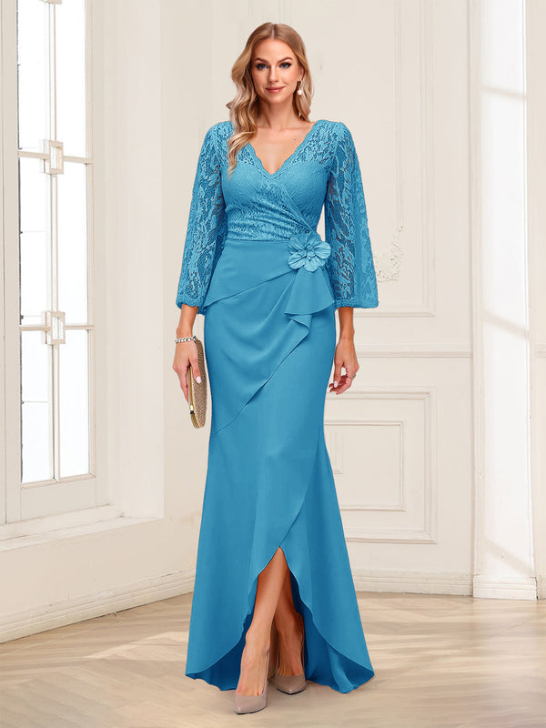 Sheath/Column V-Neck 3/4 Sleeves Mother of the Bride Dresses With Lace & 3D Floral