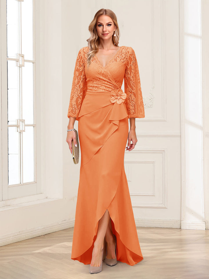 Sheath/Column V-Neck 3/4 Sleeves Mother of the Bride Dresses With Lace &amp; 3D Floral