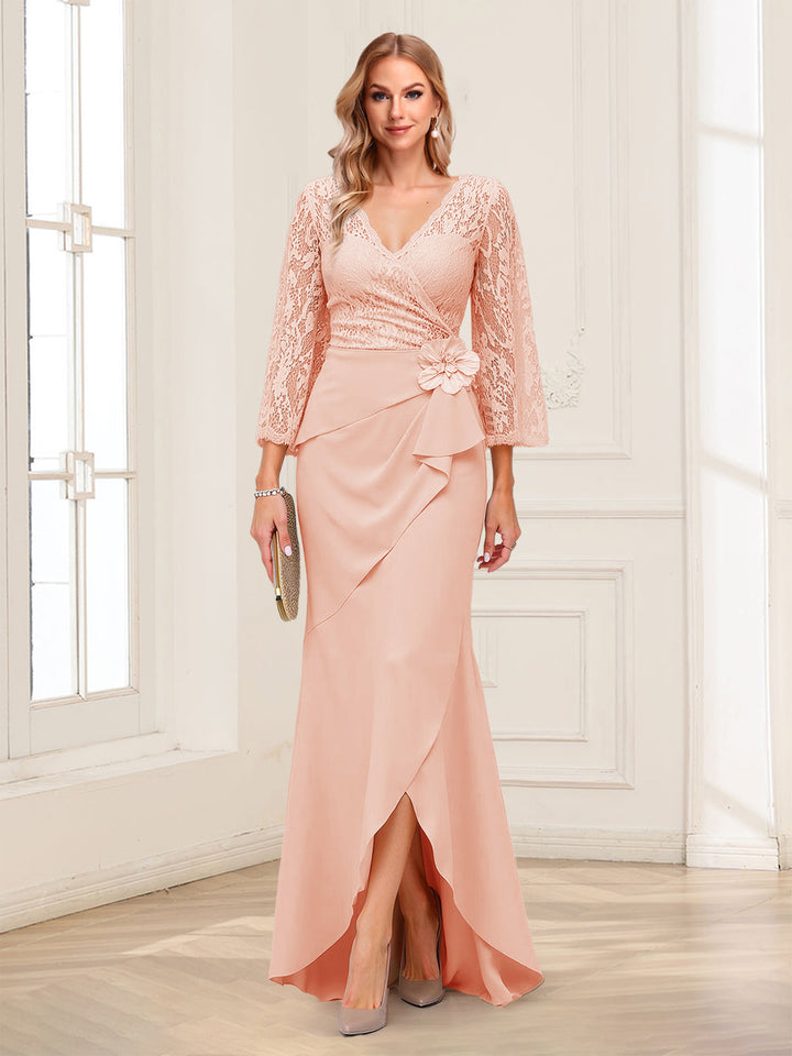 Sheath/Column V-Neck 3/4 Sleeves Mother of the Bride Dresses With Lace &amp; 3D Floral