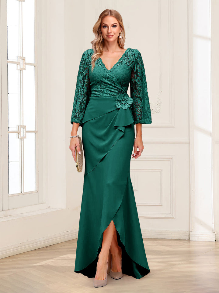 Sheath/Column V-Neck 3/4 Sleeves Mother of the Bride Dresses With Lace &amp; 3D Floral
