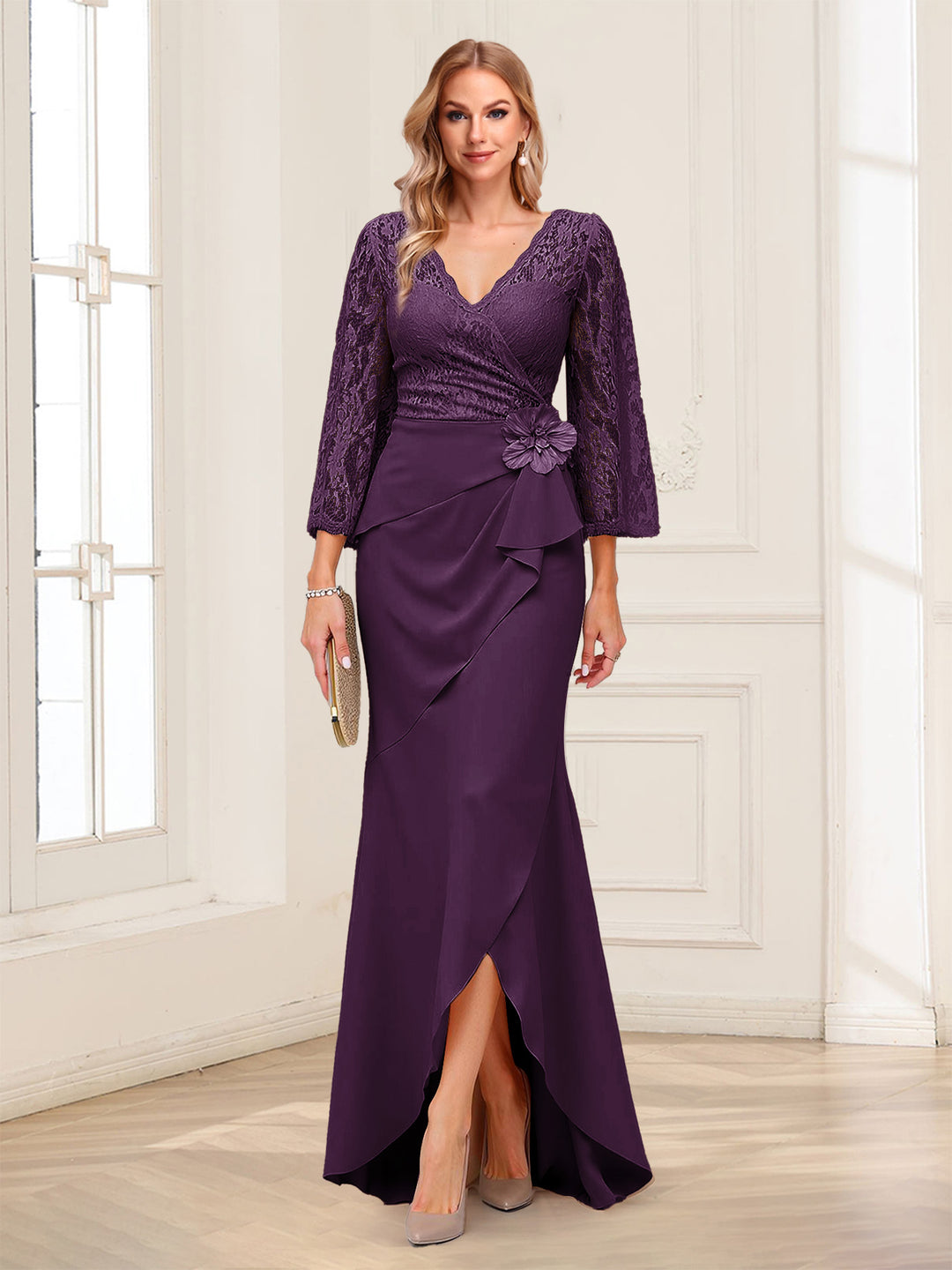 Sheath/Column V-Neck 3/4 Sleeves Mother of the Bride Dresses With Lace &amp; 3D Floral
