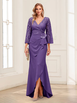 Sheath/Column V-Neck 3/4 Sleeves Mother of the Bride Dresses With Lace & 3D Floral