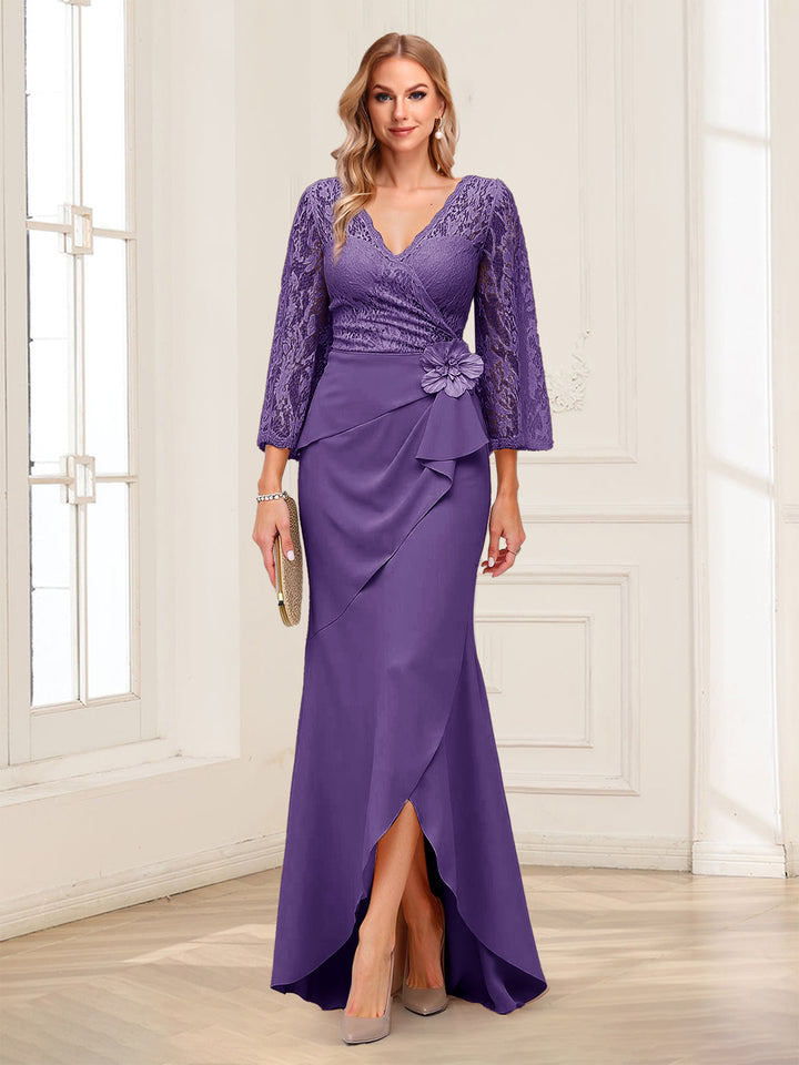 Sheath/Column V-Neck 3/4 Sleeves Mother of the Bride Dresses With Lace &amp; 3D Floral