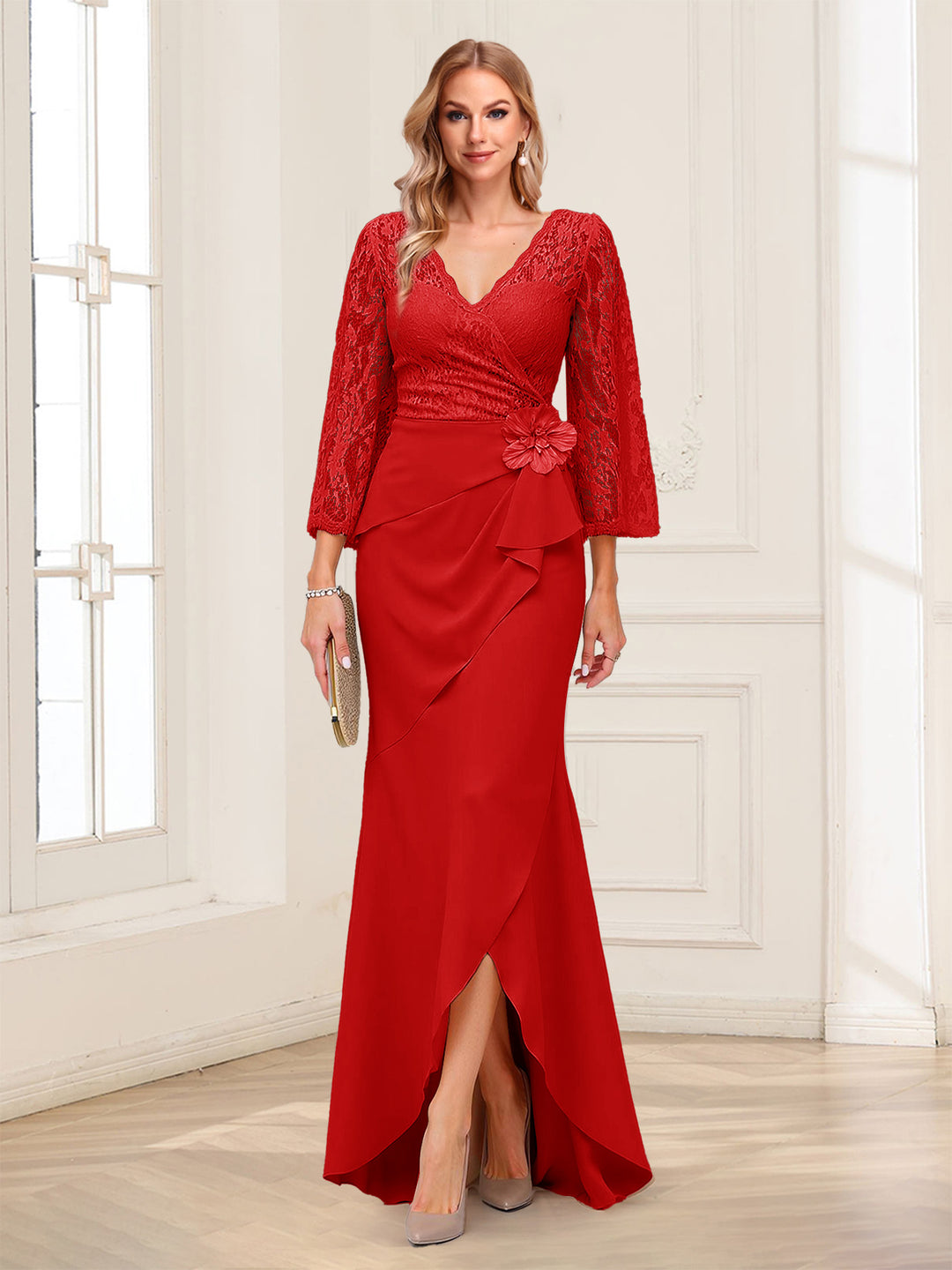 Sheath/Column V-Neck 3/4 Sleeves Mother of the Bride Dresses With Lace &amp; 3D Floral