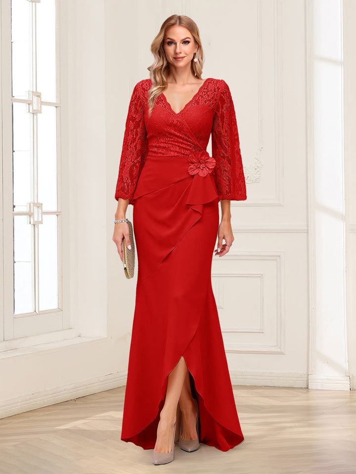 Sheath/Column V-Neck 3/4 Sleeves Mother of the Bride Dresses With Lace &amp; 3D Floral