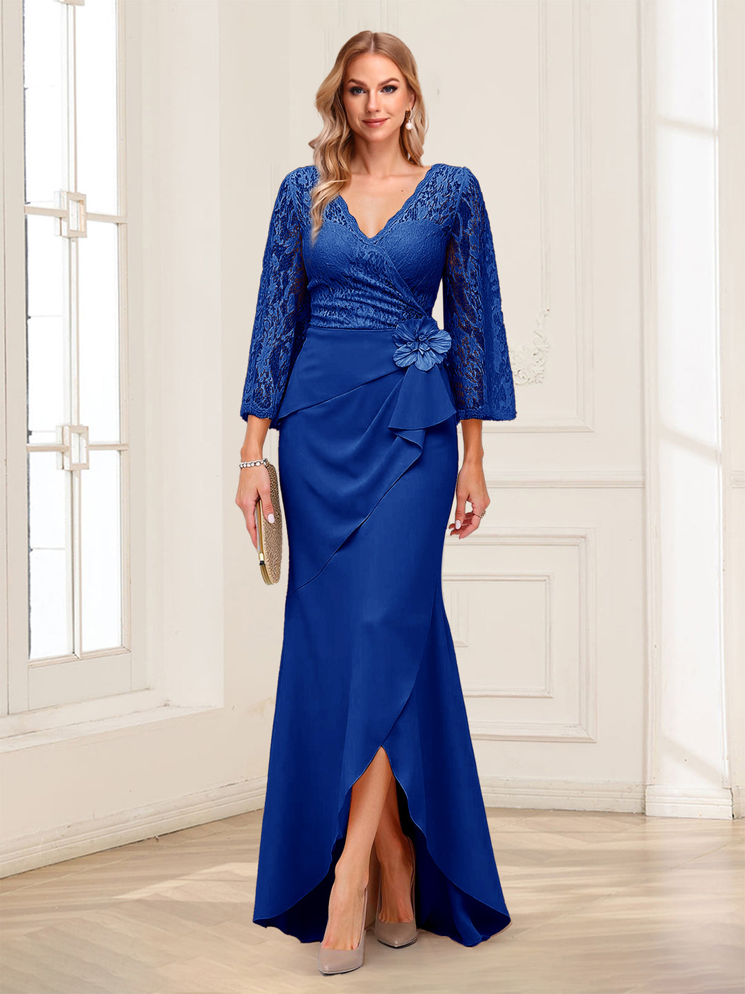 Sheath/Column V-Neck 3/4 Sleeves Mother of the Bride Dresses With Lace &amp; 3D Floral