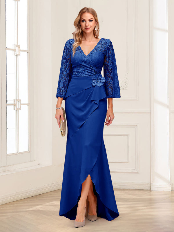 Sheath/Column V-Neck 3/4 Sleeves Mother of the Bride Dresses With Lace & 3D Floral