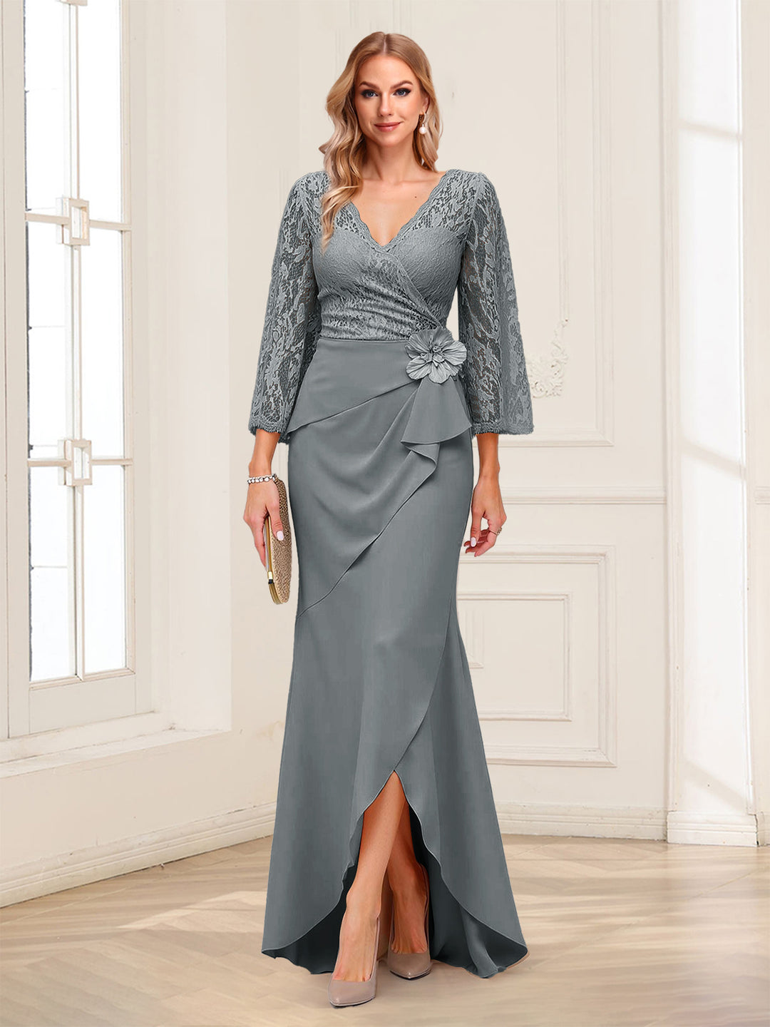 Sheath/Column V-Neck 3/4 Sleeves Mother of the Bride Dresses With Lace &amp; 3D Floral
