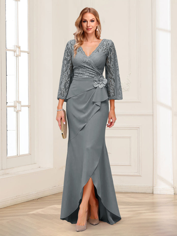 Sheath/Column V-Neck 3/4 Sleeves Mother of the Bride Dresses With Lace &amp; 3D Floral