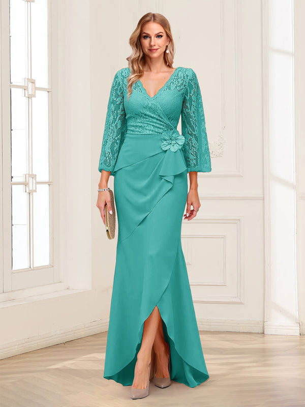 Sheath/Column V-Neck 3/4 Sleeves Mother of the Bride Dresses With Lace & 3D Floral