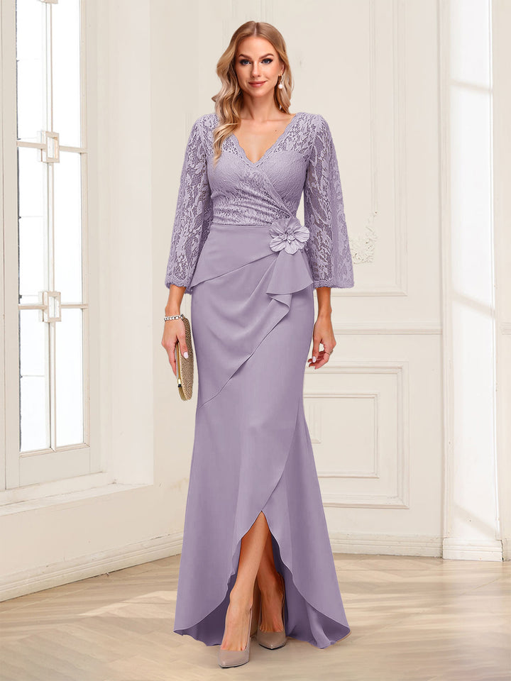 Sheath/Column V-Neck 3/4 Sleeves Mother of the Bride Dresses With Lace &amp; 3D Floral