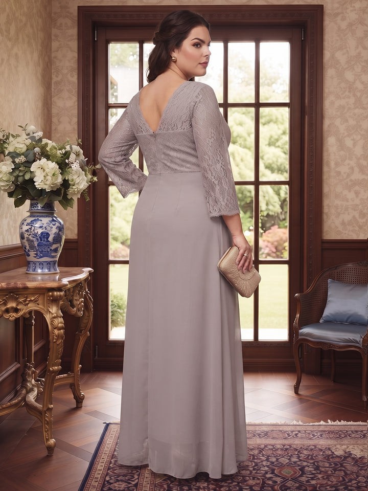 Sheath/Column V-Neck 3/4 Sleeves Plus Size Mother of the Bride Dresses With Lace &amp; 3D Floral