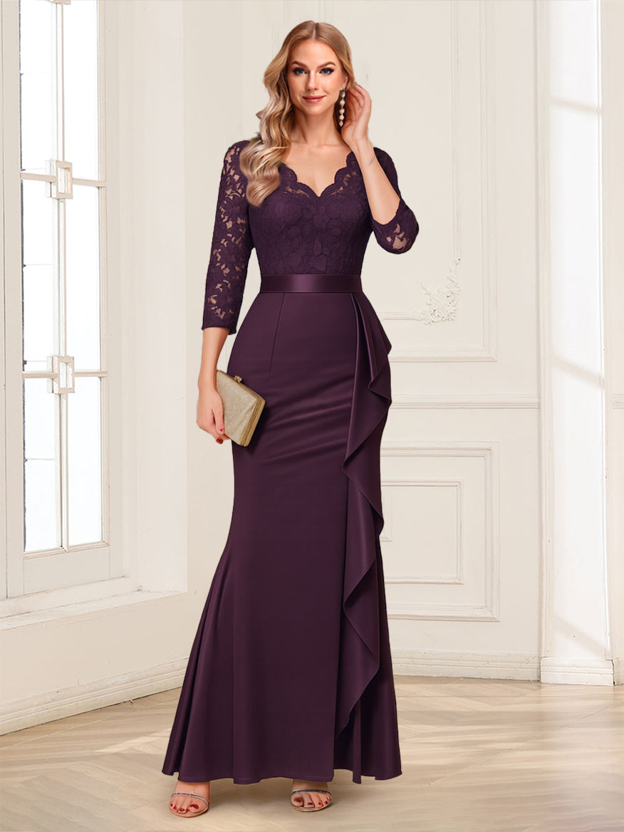Sheath/Column V-Neck 3/4 Sleeves Mother of the Bride Dresses With Lace & Ruffles