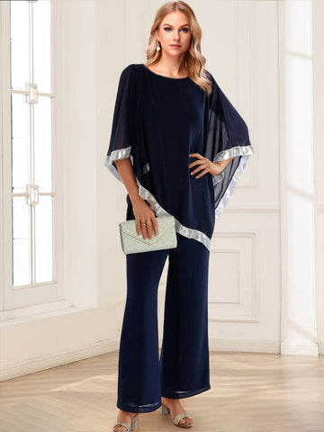 Chiffon Crew Neck Half Sleeves Long 2 Pieces Pantsuits