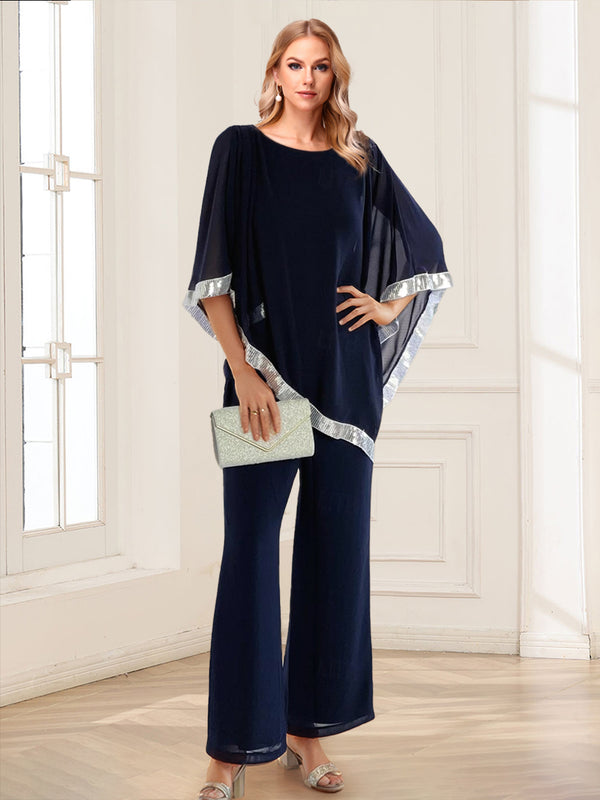 Chiffon Crew Neck Half Sleeves Long 2 Pieces Pantsuits