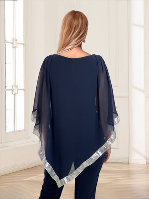 Chiffon Crew Neck Half Sleeves Long 2 Pieces Pantsuits