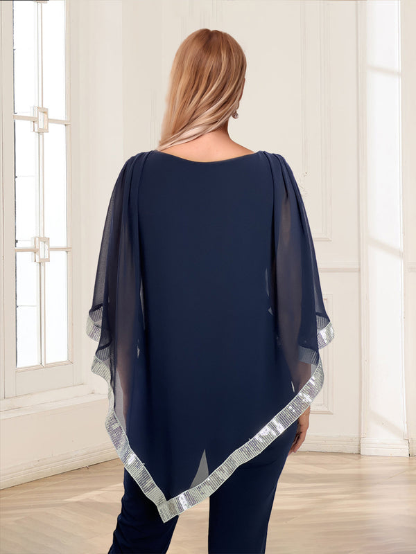 Chiffon Crew Neck Half Sleeves Long 2 Pieces Pantsuits