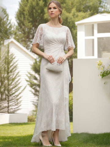 Lace Sheath/Column Crew Neck Short Sleeves Ruched Mother of the Bride Dresses