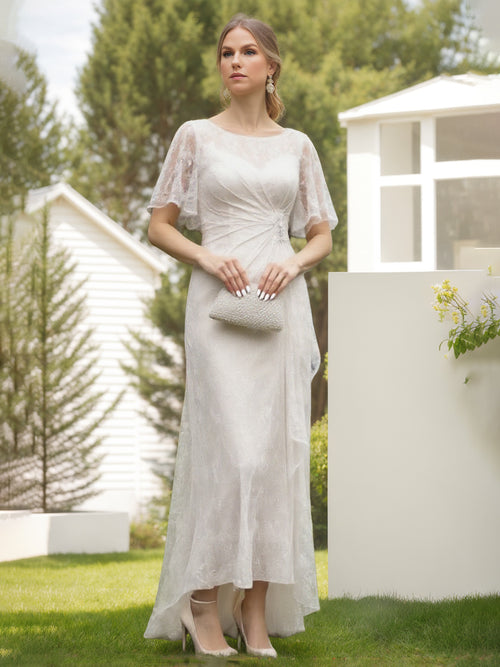 Lace Sheath/Column Crew Neck Short Sleeves Ruched Mother of the Bride Dresses