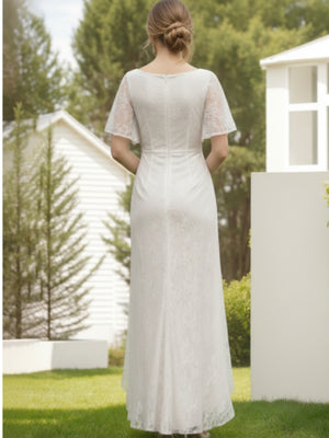 Lace Sheath/Column Crew Neck Short Sleeves Ruched Mother of the Bride Dresses