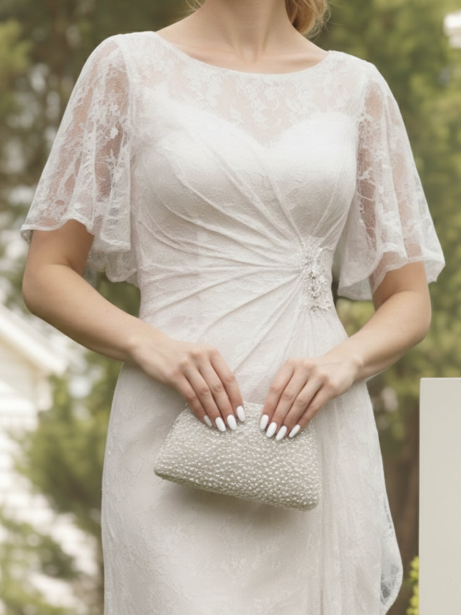 Lace Sheath/Column Crew Neck Short Sleeves Ruched Mother of the Bride Dresses