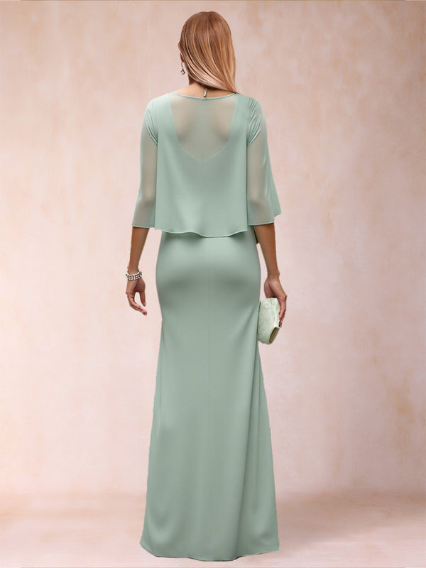 Lace Sheath/Column Crew Neck Cape Sleeves Ruched Mother of the Bride Dresses With Appliques