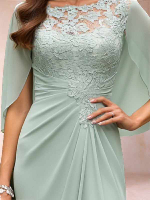 Lace Sheath/Column Crew Neck Cape Sleeves Ruched Mother of the Bride Dresses With Appliques