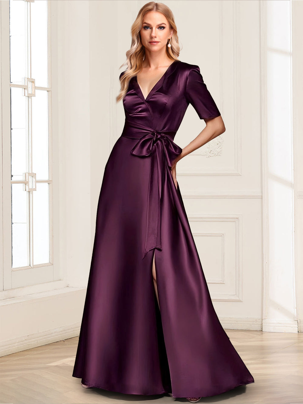 A-Line/Princess V-Neck Short Sleeves Mother of the Bride Dresses With Bow