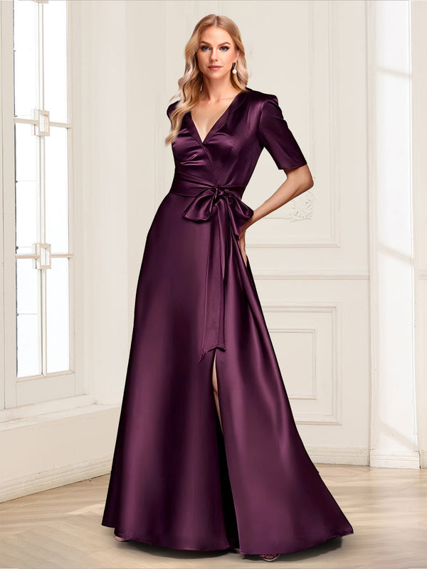 A-Line/Princess V-Neck Short Sleeves Mother of the Bride Dresses With Bow