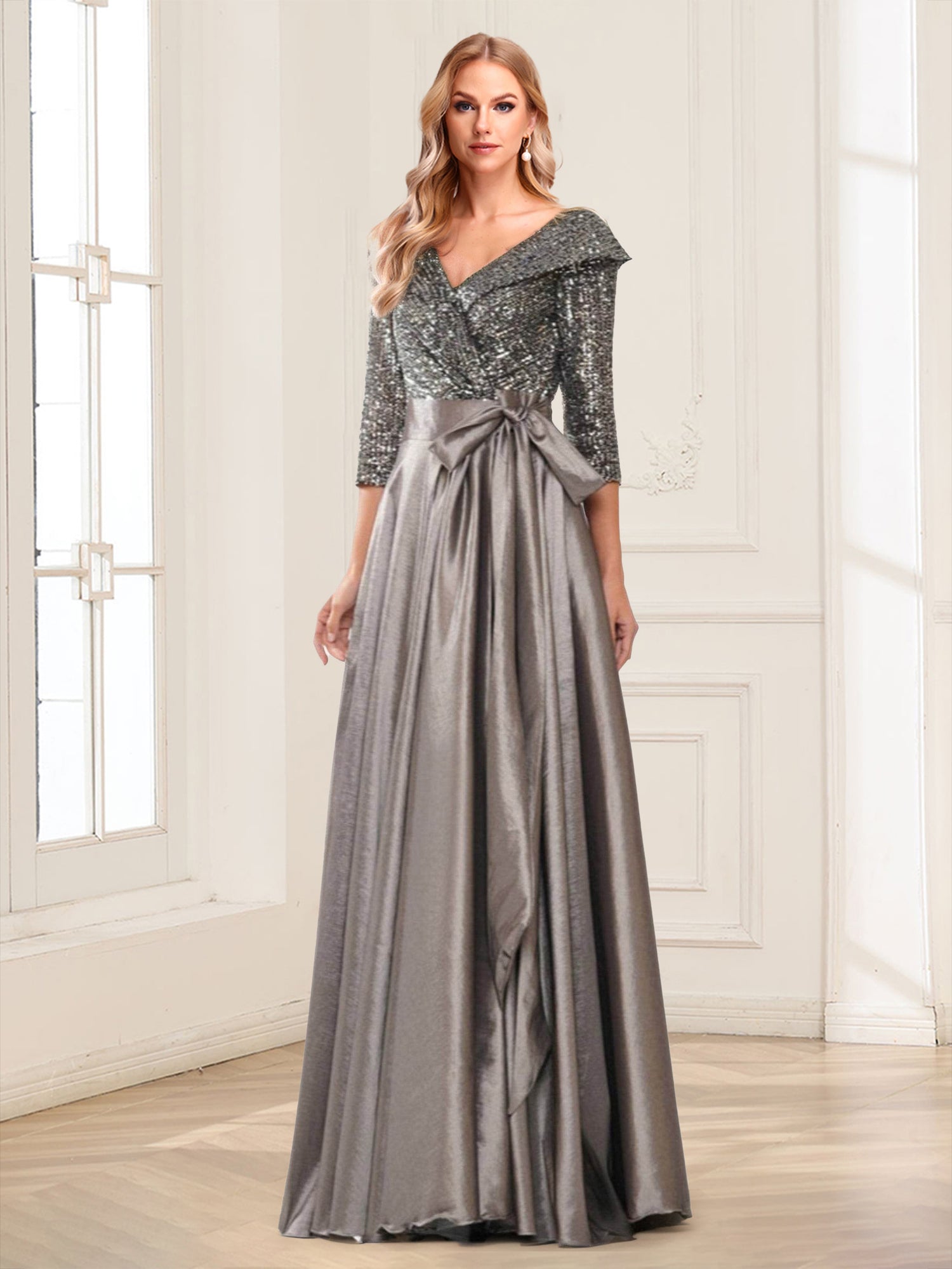 Sequins A-Line/Princess V-Neck 3/4 Sleeves Mother of the Bride Dresses With Belt