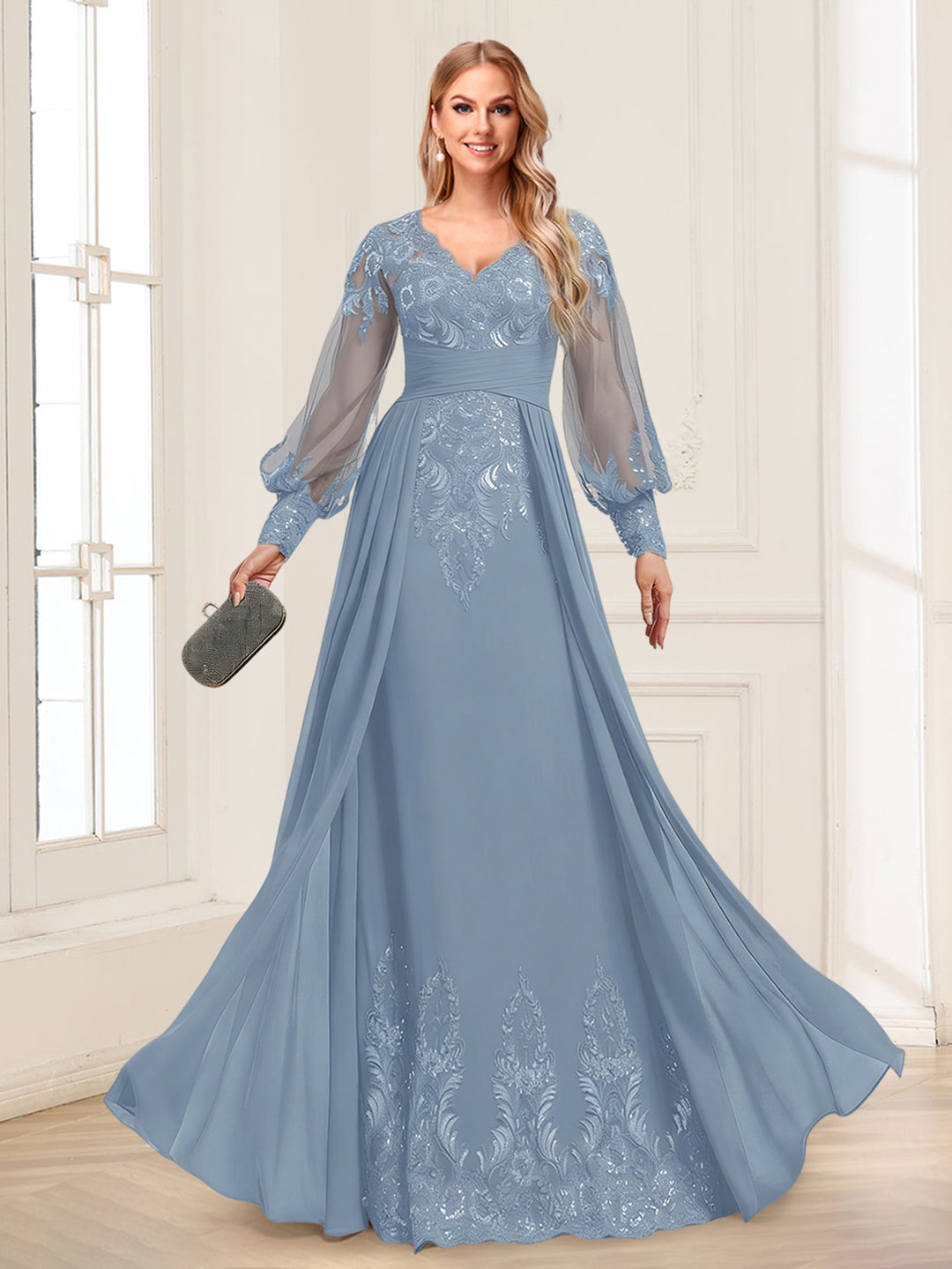 Sheath/Column V-Neck Long Sleeves Floor-Length Mother of the Bride Dresses With Sequins &amp; Overskirt