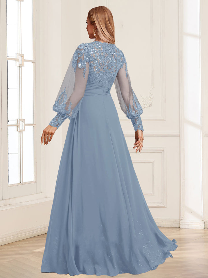Sheath/Column V-Neck Long Sleeves Floor-Length Mother of the Bride Dresses With Sequins &amp; Overskirt