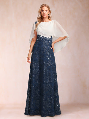 Chiffon Sheath/Column Crew Neck Cape Sleeves Mother of the Bride Dresses With Sequins