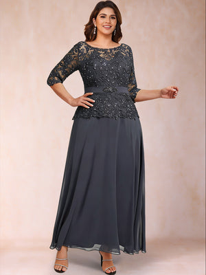 A-Line/Princess Illusion Crew Neck 3/4 Sleeves Plus Size Mother of the Bride Dresses With Rhinestone & Beading