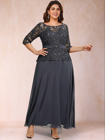 A-Line/Princess Illusion Crew Neck 3/4 Sleeves Plus Size Mother of the Bride Dresses With Rhinestone & Beading