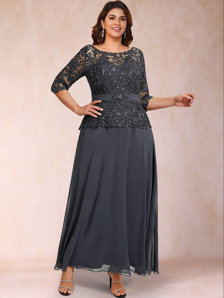 A-Line/Princess Illusion Crew Neck 3/4 Sleeves Plus Size Mother of the Bride Dresses With Rhinestone &amp; Beading