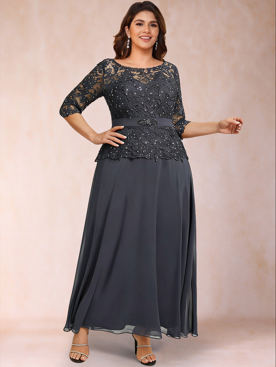 A-Line/Princess Illusion Crew Neck 3/4 Sleeves Plus Size Mother of the Bride Dresses With Rhinestone & Beading