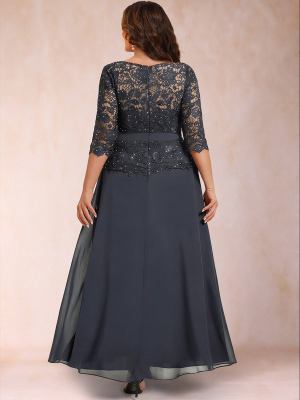 A-Line/Princess Illusion Crew Neck 3/4 Sleeves Plus Size Mother of the Bride Dresses With Rhinestone & Beading