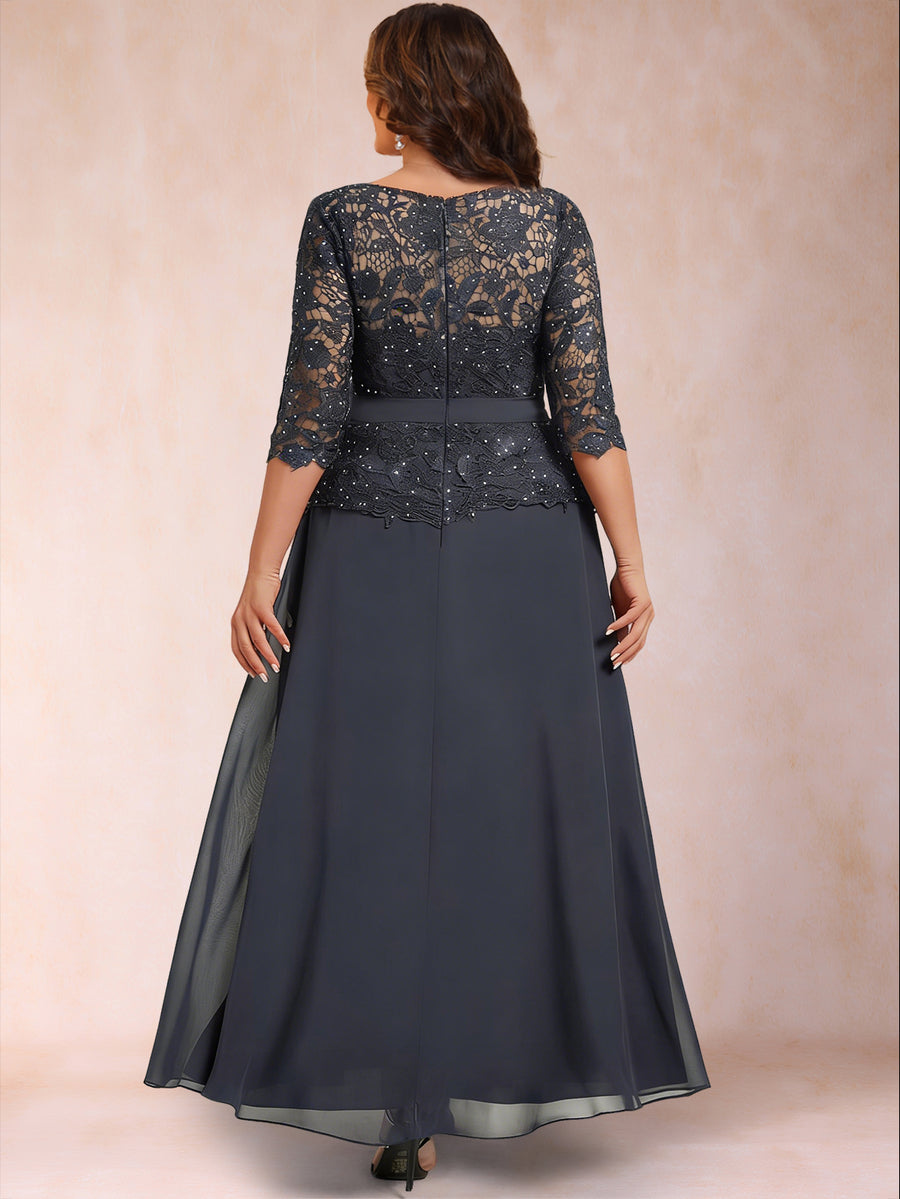 A-Line/Princess Illusion Crew Neck 3/4 Sleeves Plus Size Mother of the Bride Dresses With Rhinestone & Beading