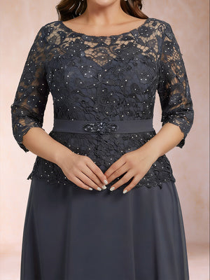 A-Line/Princess Illusion Crew Neck 3/4 Sleeves Plus Size Mother of the Bride Dresses With Rhinestone & Beading