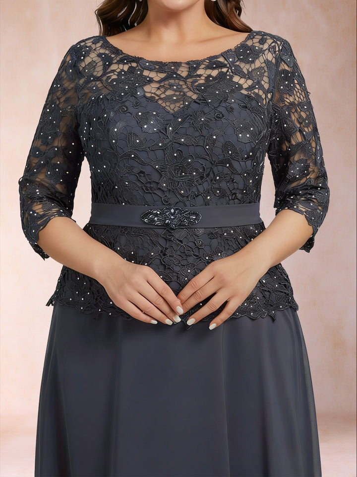 A-Line/Princess Illusion Crew Neck 3/4 Sleeves Plus Size Mother of the Bride Dresses With Rhinestone &amp; Beading