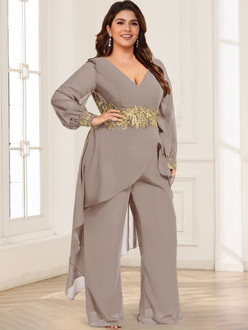 Chiffon V-Neck Long Sleeves Mother of the Bride Pantsuits with Overskirt Appliques Lace